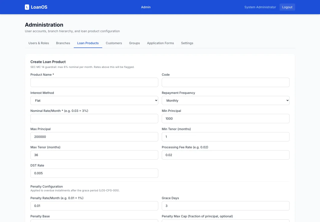 LoanOS admin loan-product configuration with SEC rate-cap guardrails