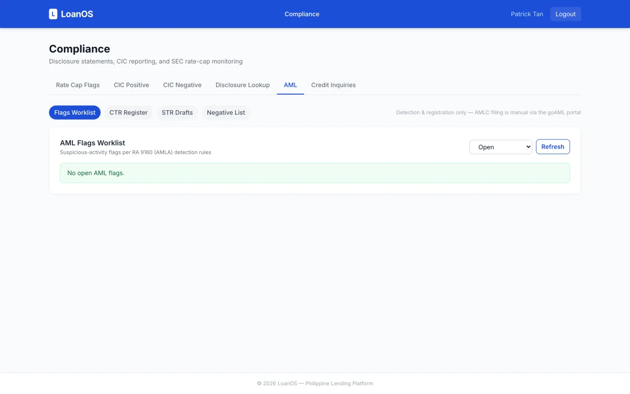 LoanOS compliance module showing the AML flags worklist