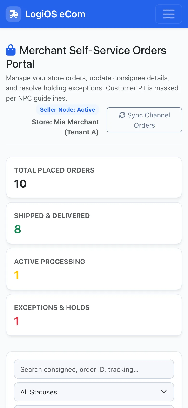 LogiOS merchant self-service orders portal on mobile with PII masking and channel order sync