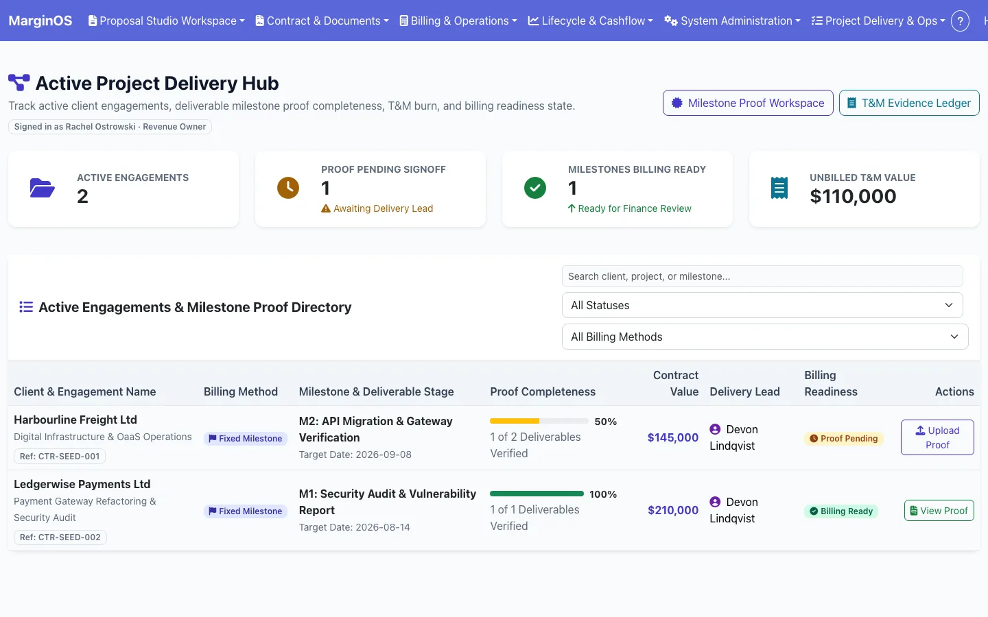 MarginOS project delivery hub — active engagements, milestone proof completeness and billing readiness (demo data)