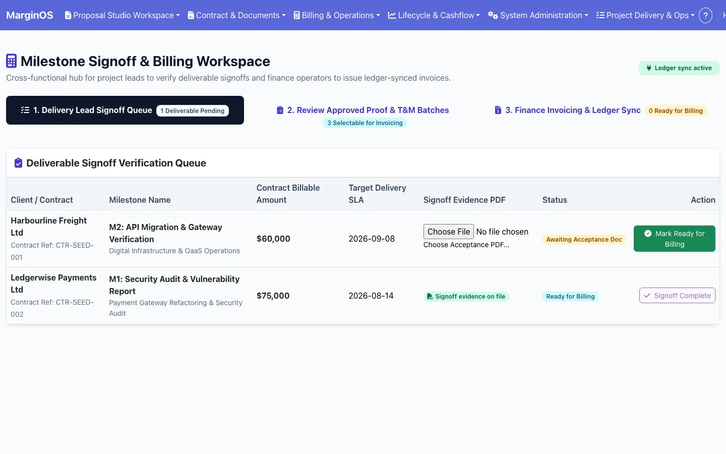 MarginOS milestone sign-off and billing workspace — deliverables awaiting acceptance evidence and those ready for billing (demo data)