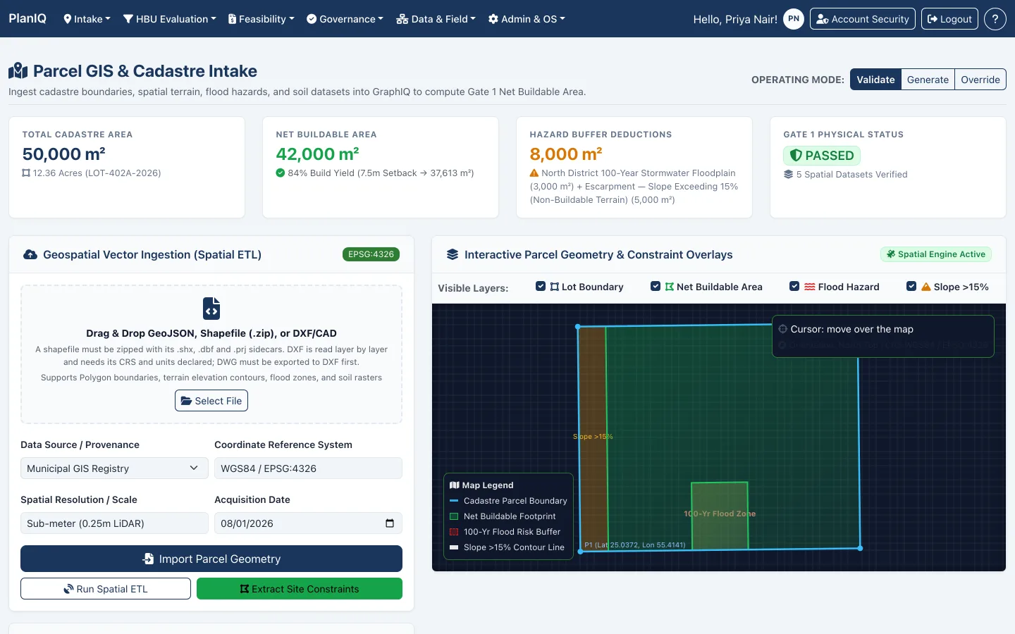 PlanIQ parcel GIS and cadastre intake — cadastre boundaries, flood hazard and slope constraints resolved into a Gate 1 net buildable area, with the deductions itemised