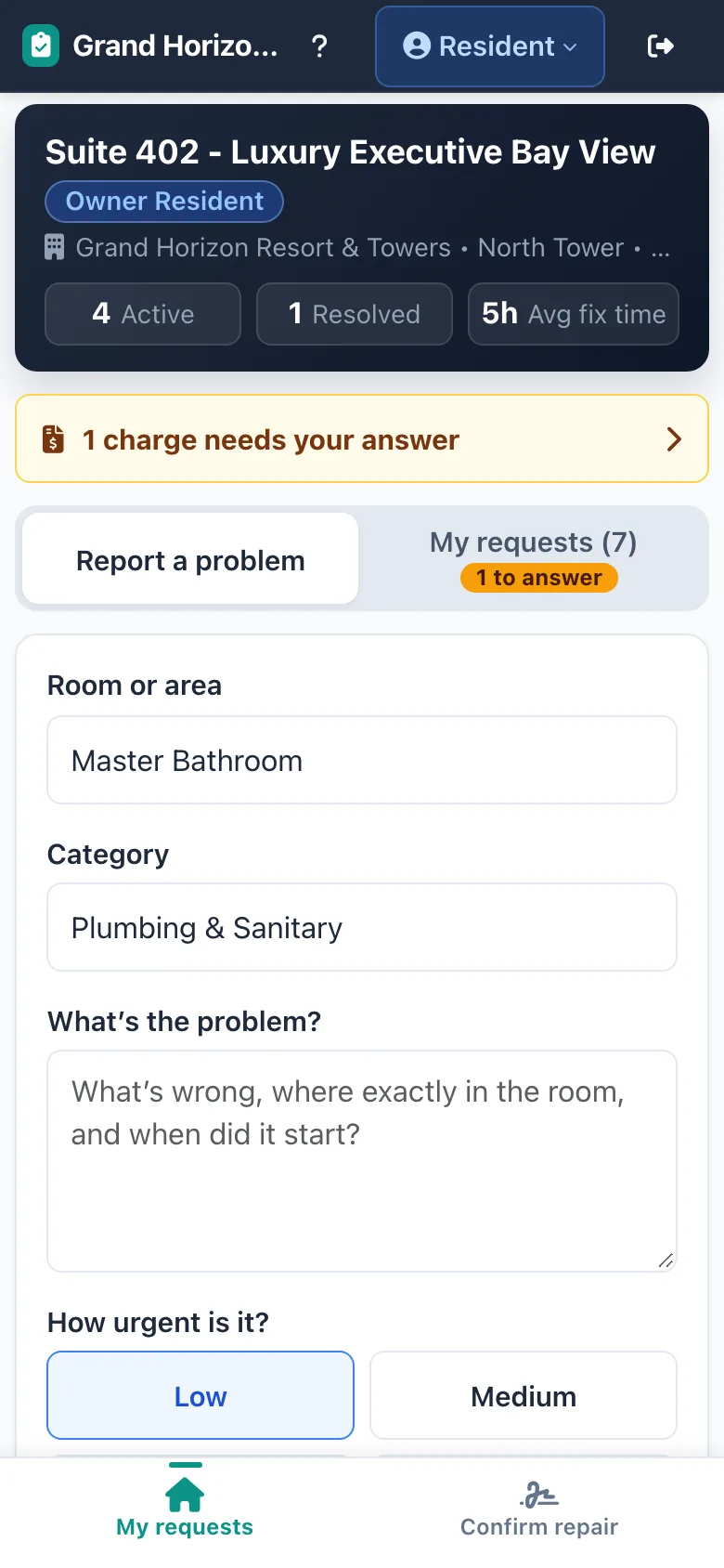 PunchlistOS resident portal — the owner&rsquo;s suite with active and resolved requests, average fix time and a charge waiting for the resident&rsquo;s answer