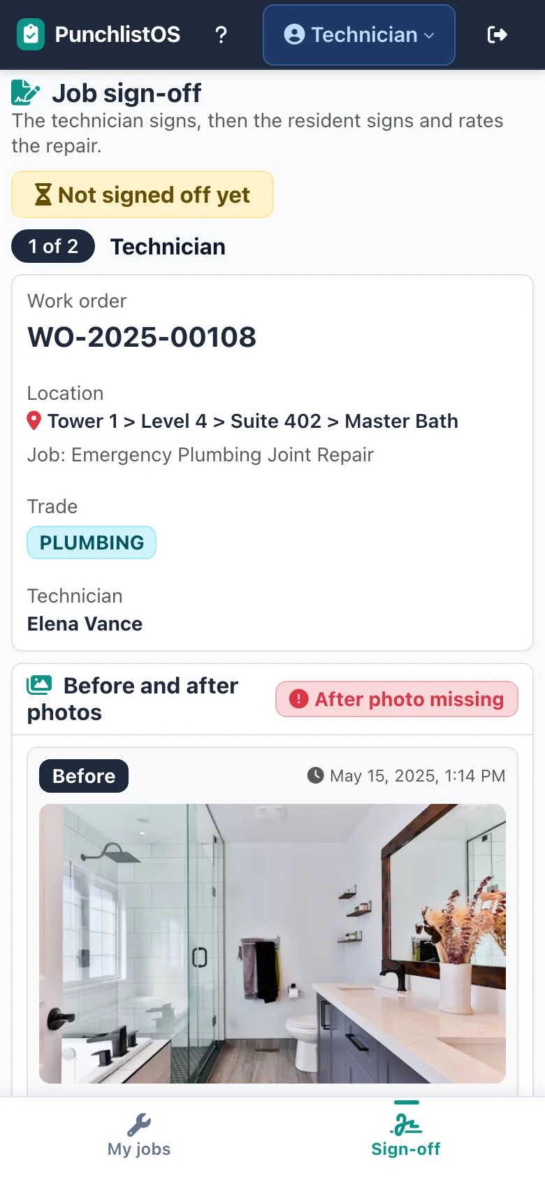 PunchlistOS job sign-off — technician signs first, then the resident signs and rates; the before photo is shown and the missing after-photo is flagged
