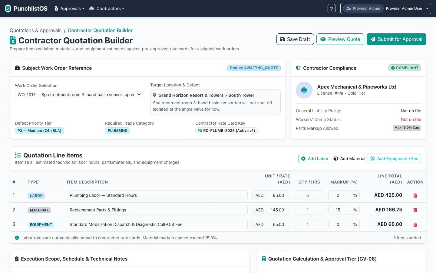 PunchlistOS contractor quotation builder — itemised labour, materials and call-out lines in AED against the contractor&rsquo;s rate card, with its compliance panel