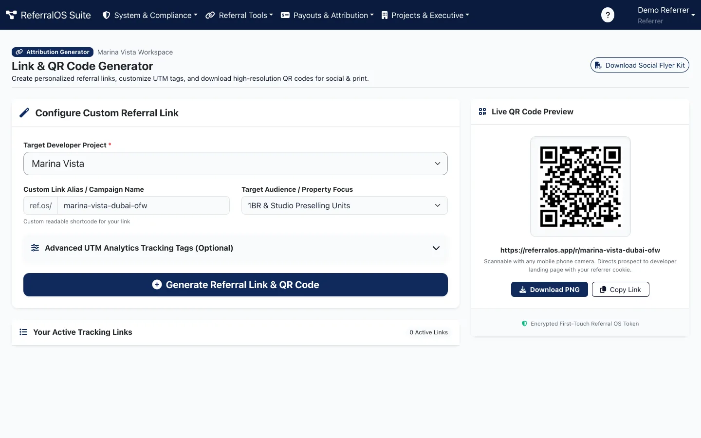 ReferralOS link and QR code generator with live QR preview