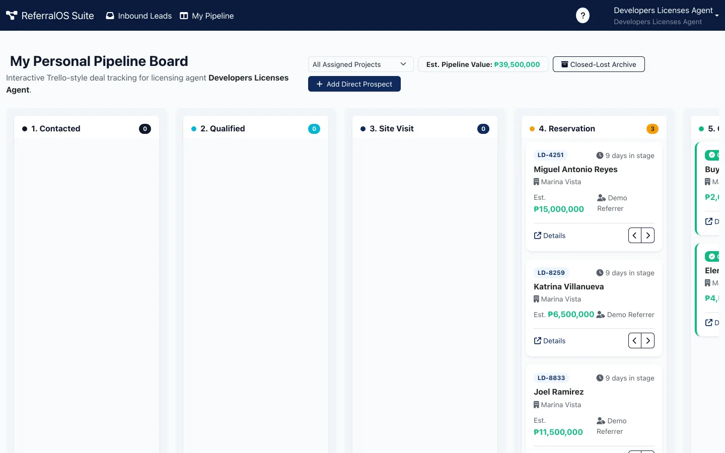 ReferralOS agent personal pipeline board with deals across claim-to-close stages