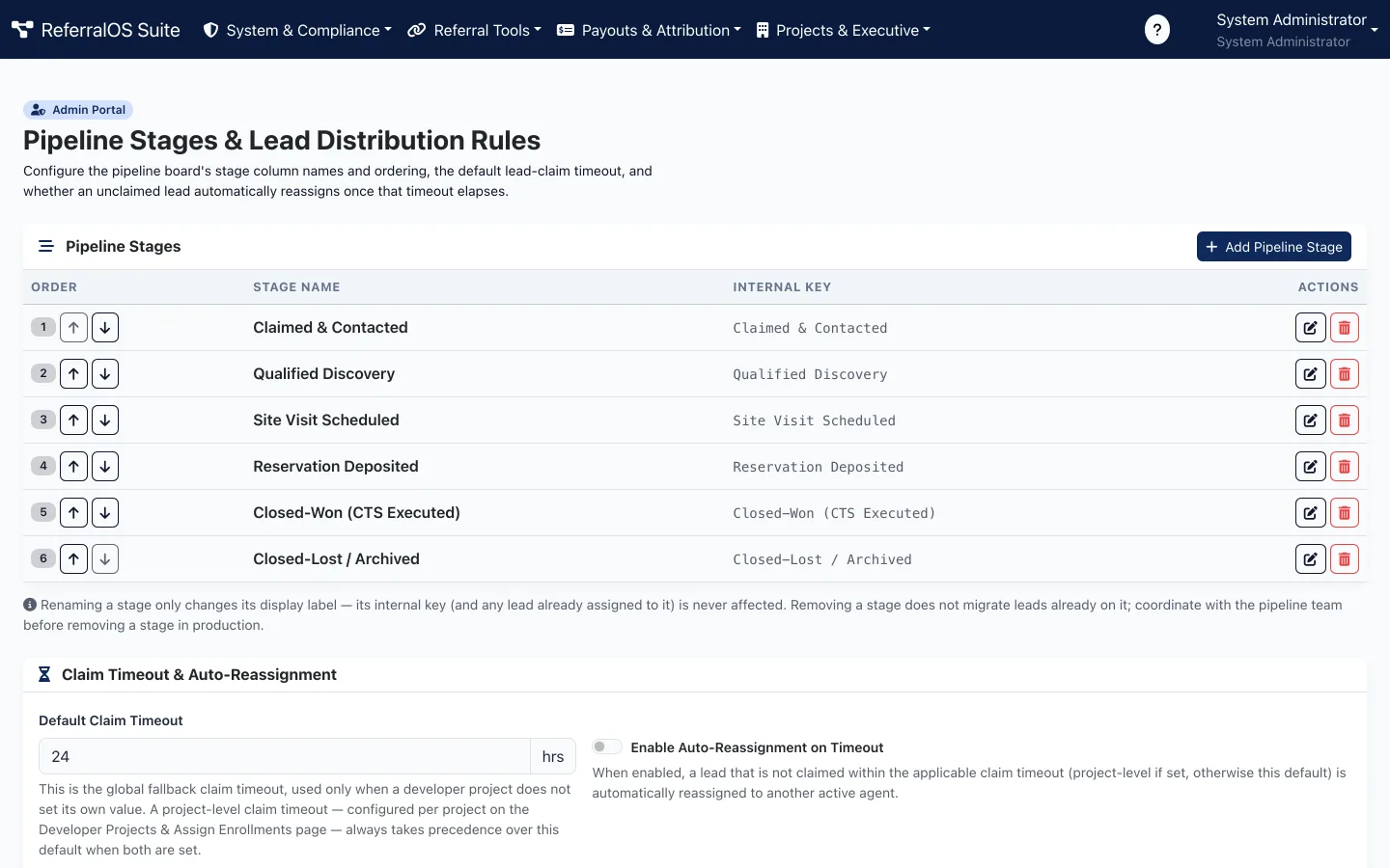 ReferralOS admin configuration for pipeline stages, claim timeout and lead distribution rules