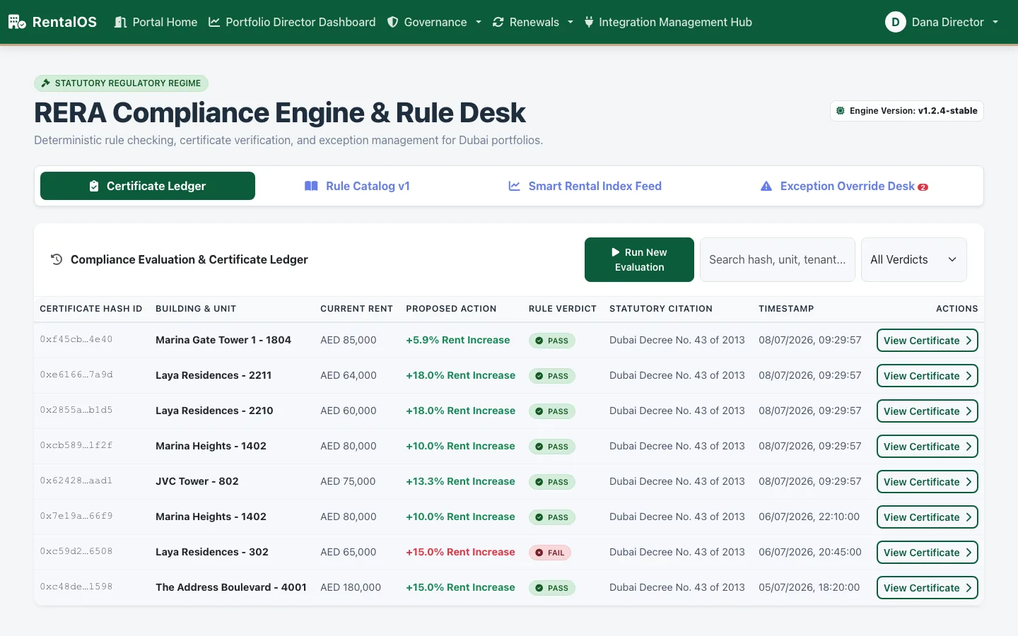 RentalOS RERA Compliance Engine certificate ledger with tamper-evident, hash-auditable renewal verdicts