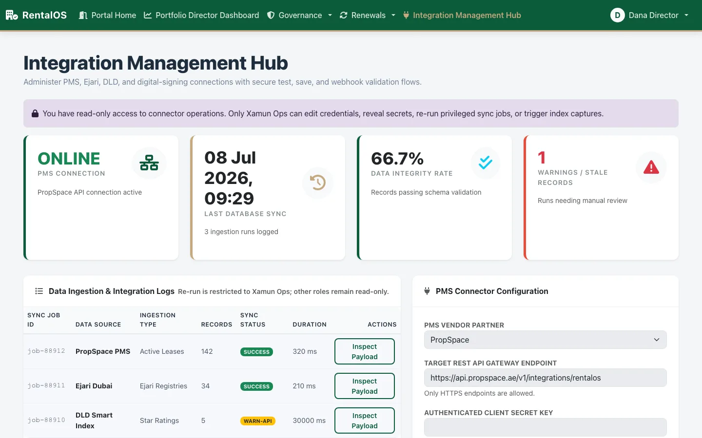 RentalOS Integration Management Hub — live PMS sync connectors, Ejari ingest scheduling and rent-index snapshot console