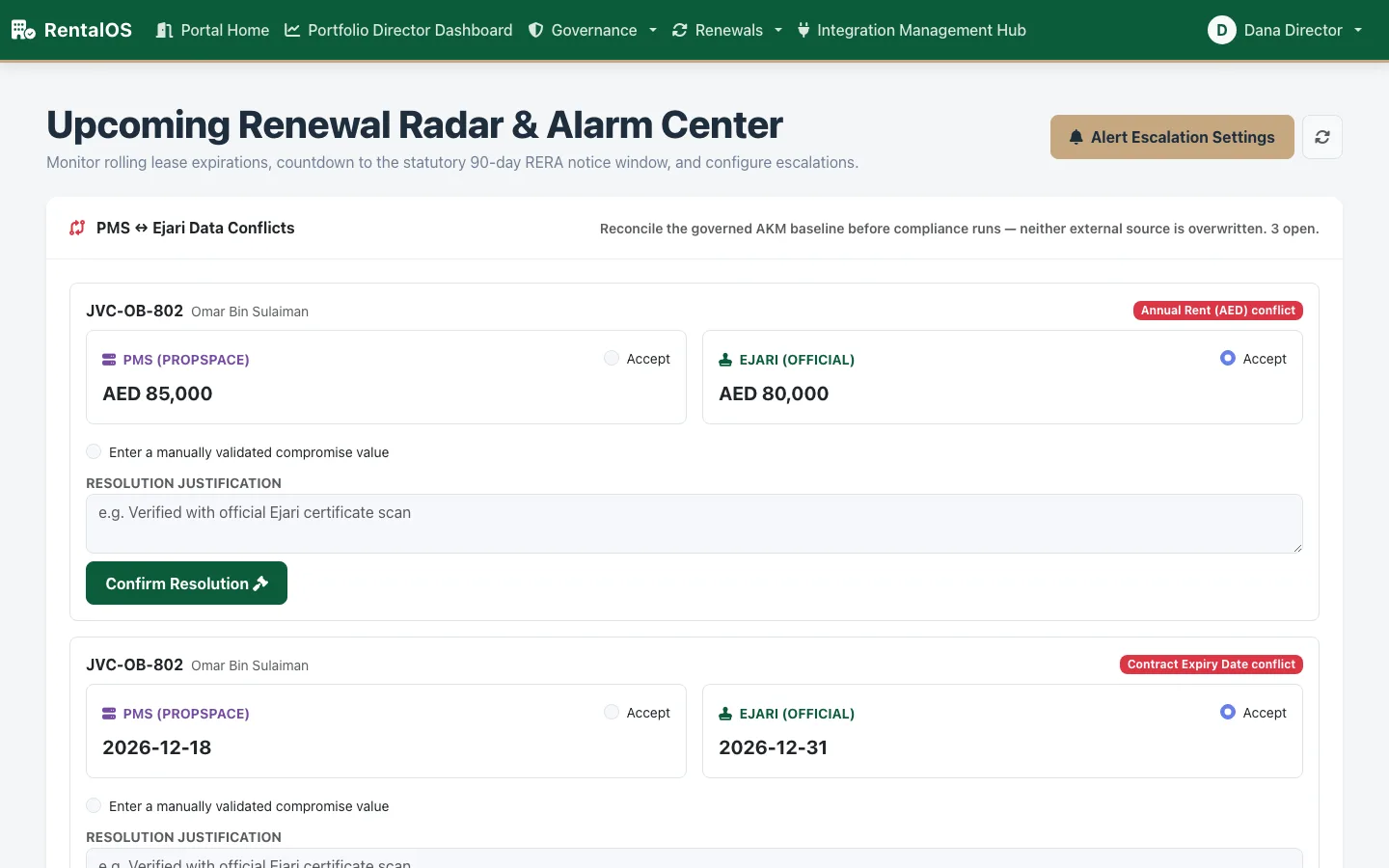 RentalOS Renewal Radar — rolling 30/60/90/120-day expiry pipeline with critical statutory-notice countdowns