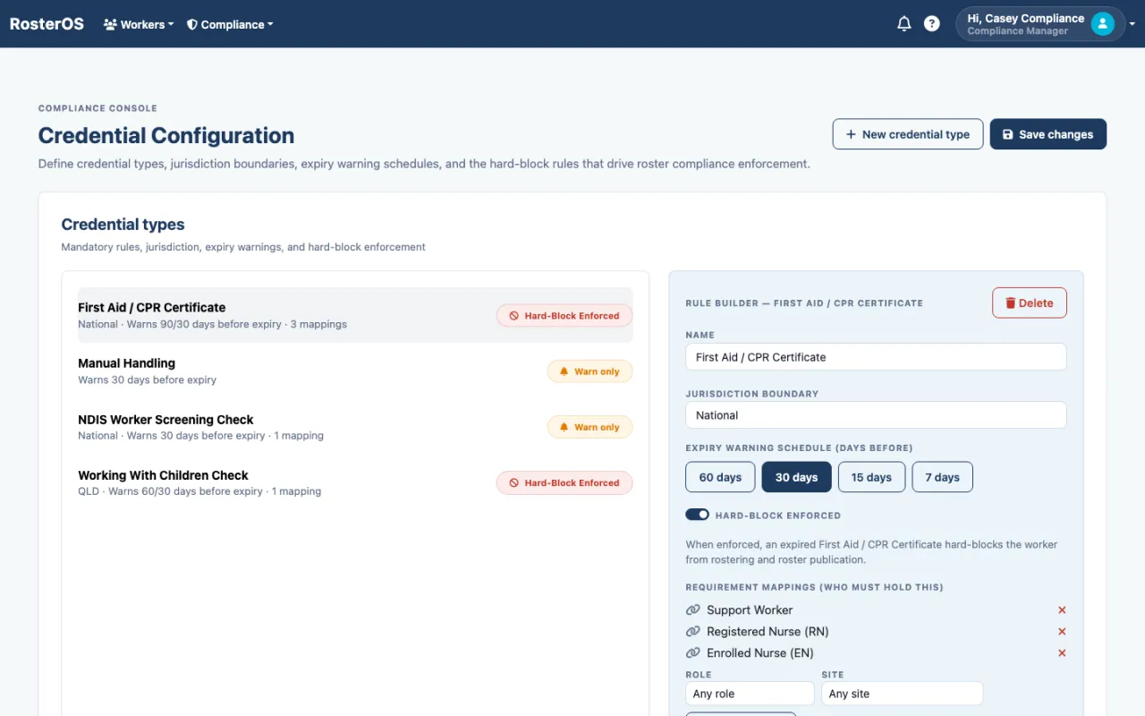 RosterOS credential configuration with hard-block rules and requirement mappings