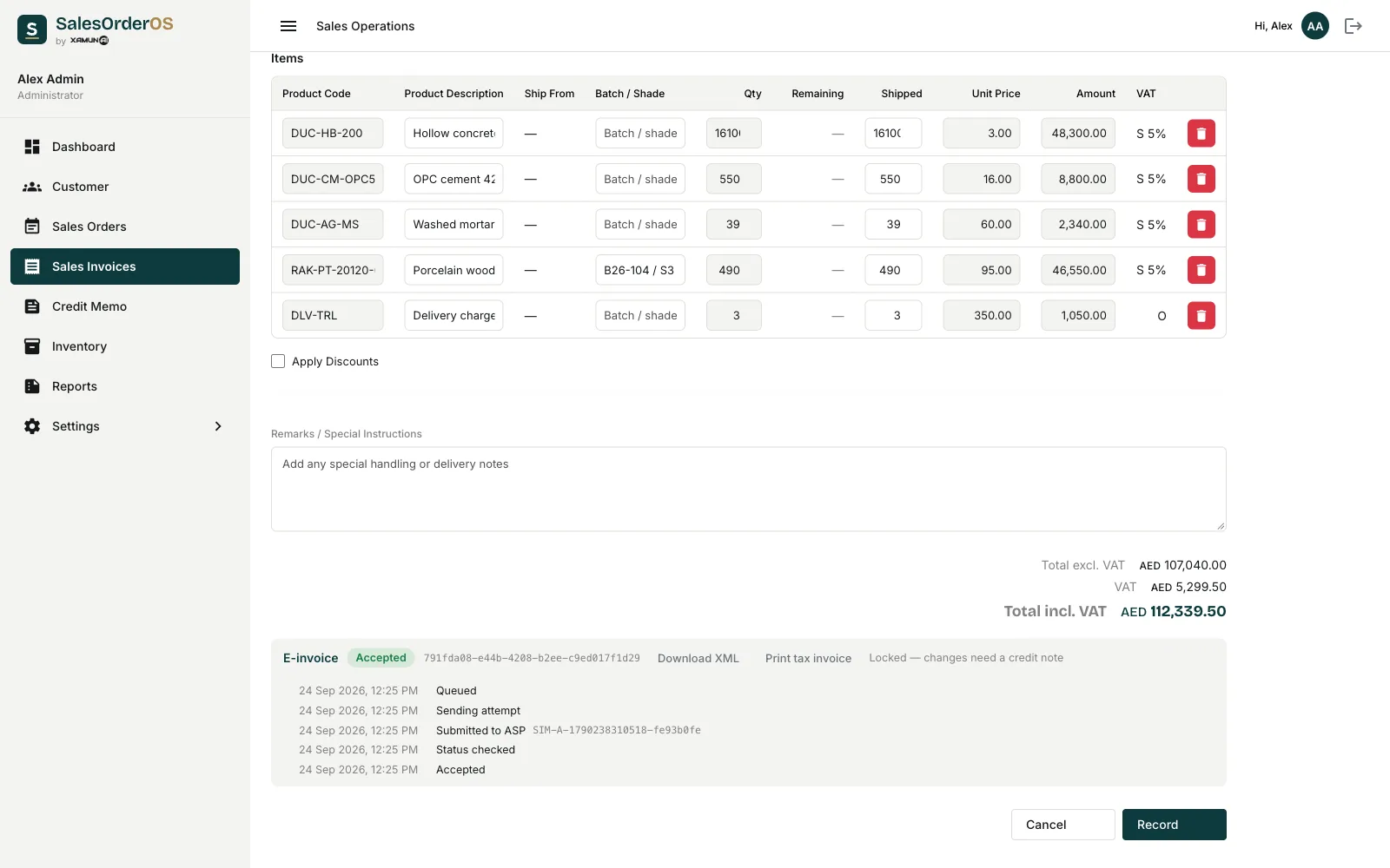 SalesOrderOS e-invoice panel — queued, sent, submitted to the ASP, accepted and locked, with the XML available to download