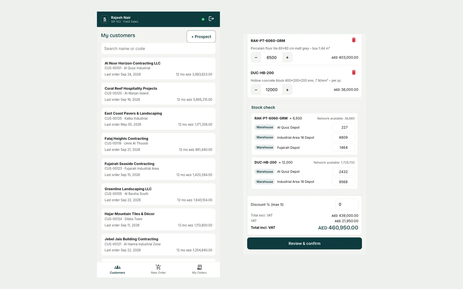 SalesOrderOS field-sales app on a phone — the rep’s own customer list with twelve-month sales, and a new order split across three depots with VAT shown before confirming