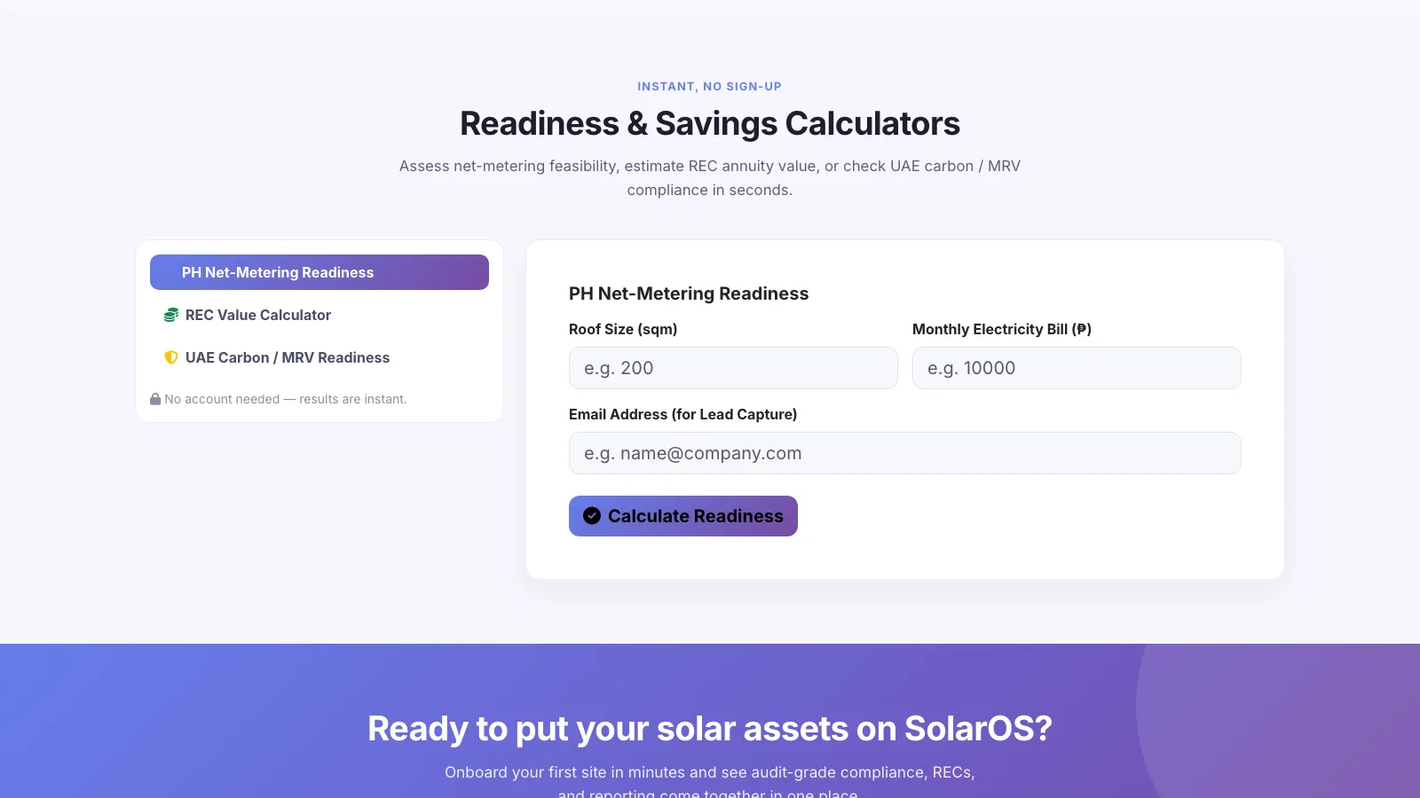 SolarOS readiness and savings calculators estimating rooftop solar potential and REC yield