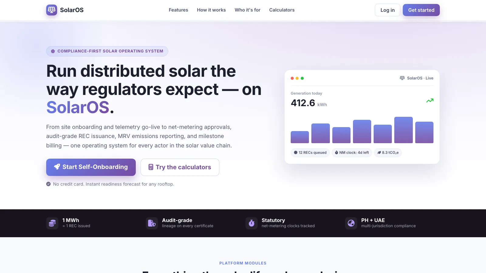 SolarOS live distributed-solar dashboard — generation today, RECs queued, net-metering clock and tCO2e avoided