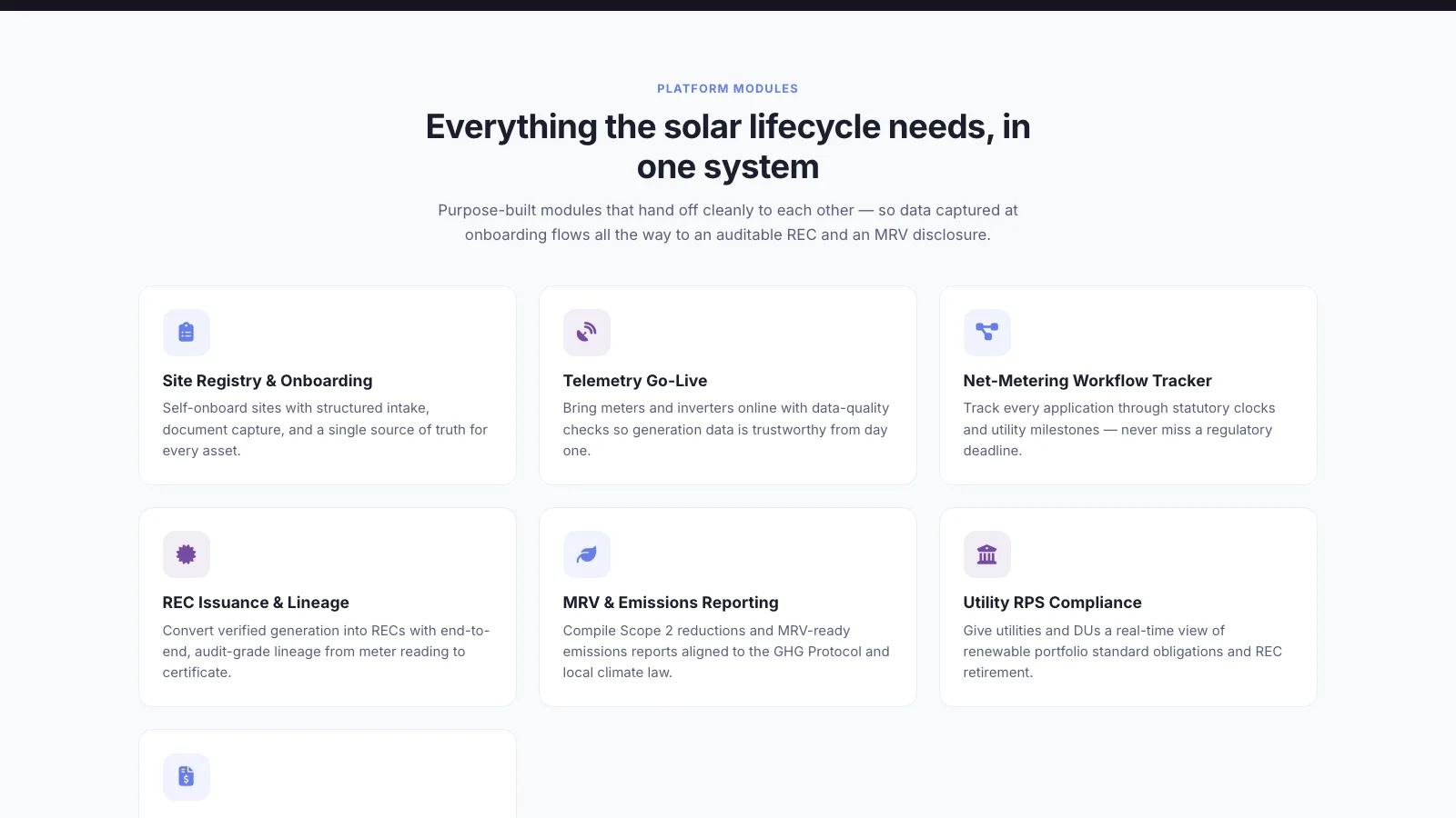 SolarOS platform modules — site registry, telemetry go-live, net-metering tracker, REC issuance, MRV emissions reporting and utility RPS compliance