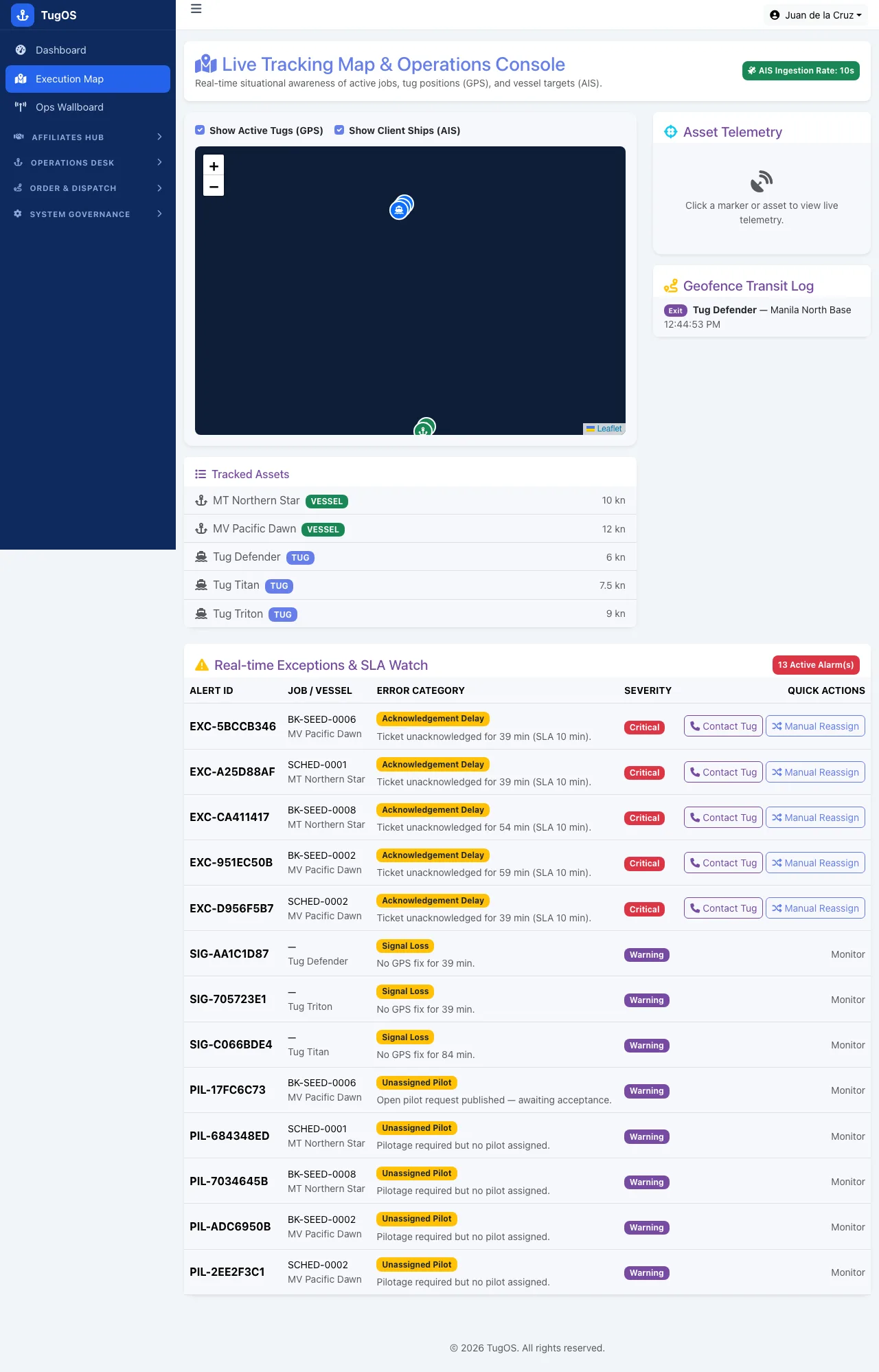 TugOS live tracking map and operations console with AIS vessel and GPS tug positions, geofence transit log and real-time SLA watch