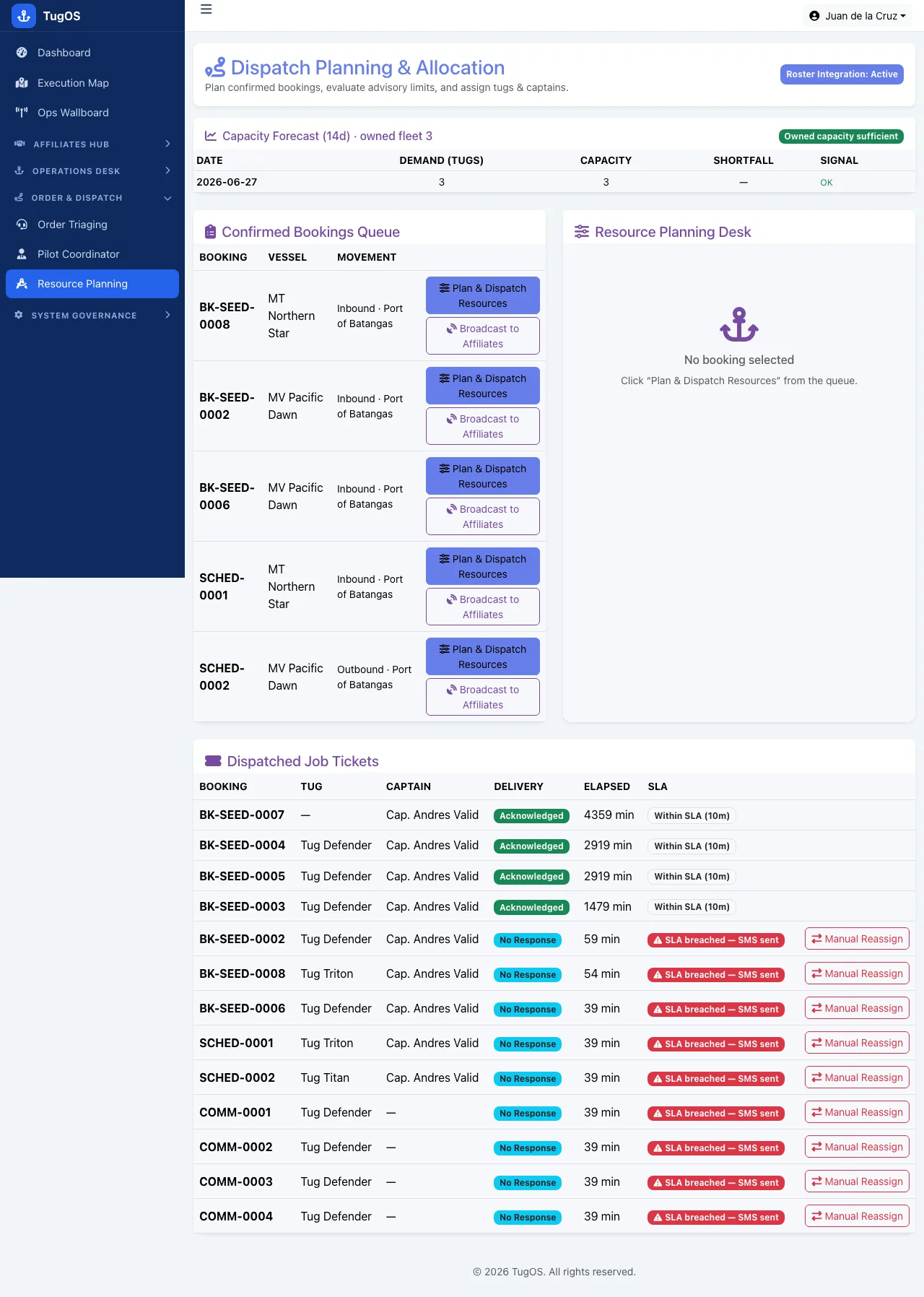 TugOS dispatch planning and resource allocation board assigning tugs and captains to jobs