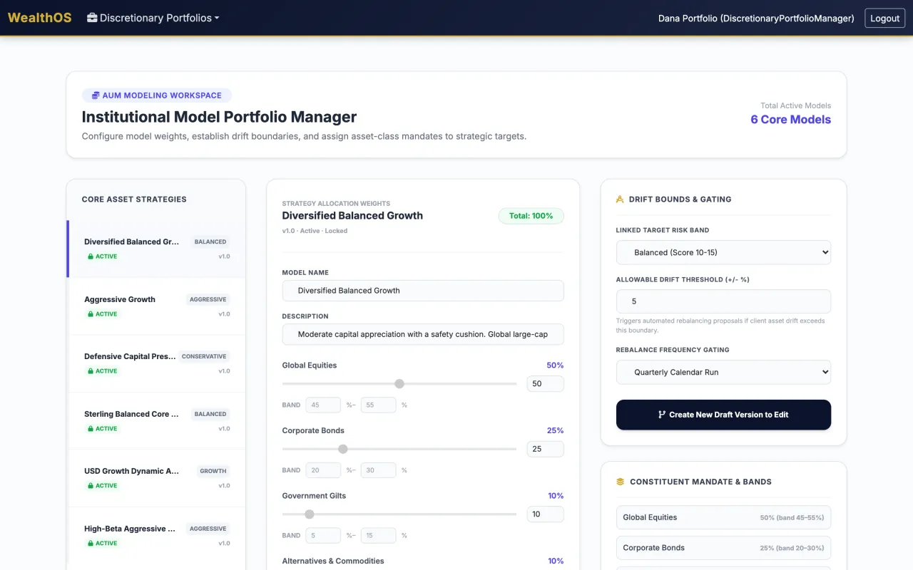 WealthOS institutional model-portfolio manager with drift bounds and rebalance gating