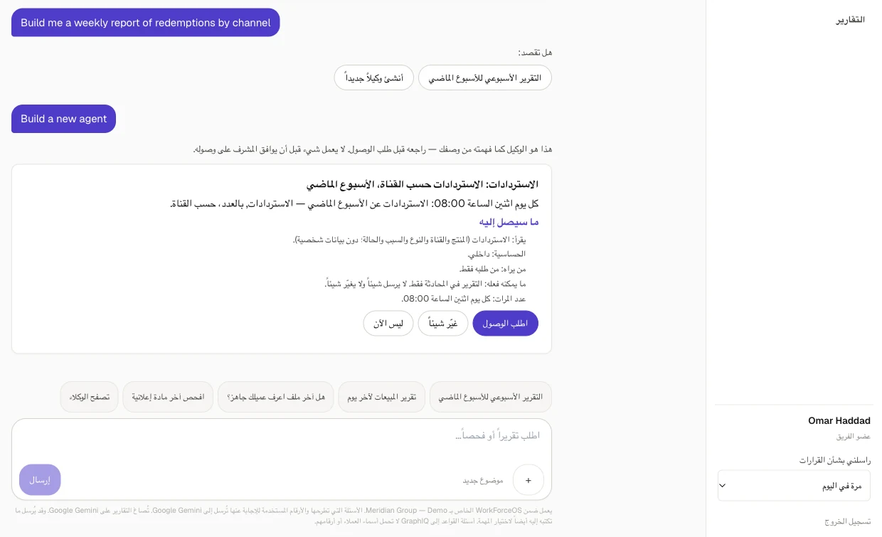 WorkForceOS in Arabic — the full interface right-to-left, with an agent card describing what it reads, who sees it and when it runs