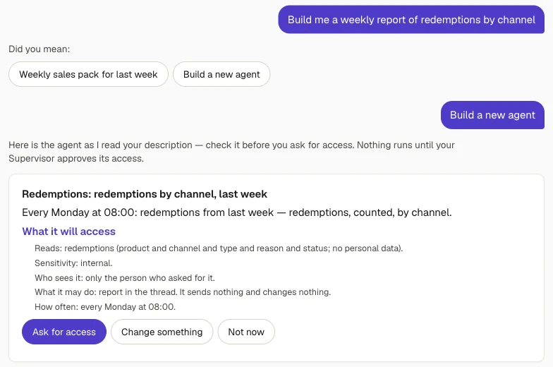 WorkForceOS agent card — the request "Build me a weekly report of redemptions by channel" shown back in plain words: what it reads, who sees it, what it may do and how often, with an Ask for access button
