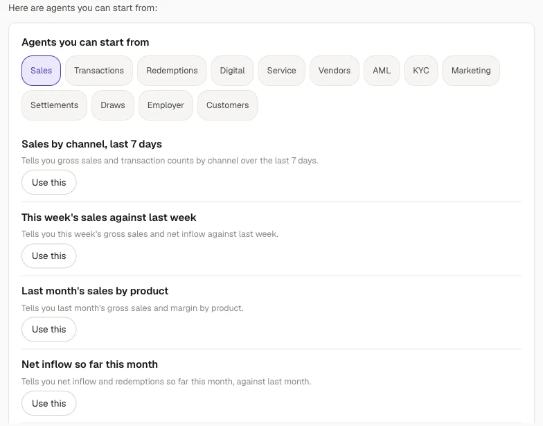 WorkForceOS agent library — ready-made agents grouped by area such as Sales, Redemptions, Vendors, KYC and Marketing, each with a plain description and a Use this button