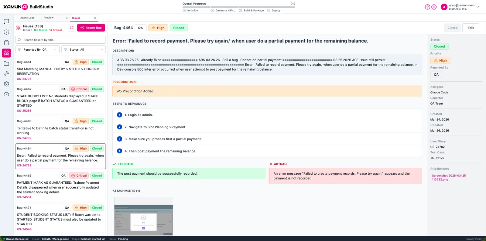 Xamun BuildStudio showing issues tracker with bug reports, QA status, and Claude Code as assignee