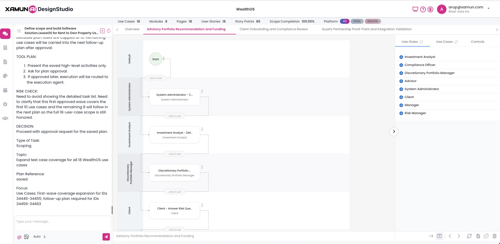 DesignStudio with the XAMI chat on the left generating a swimlane workflow, user roles and use cases for WealthOS from a plain-language brief