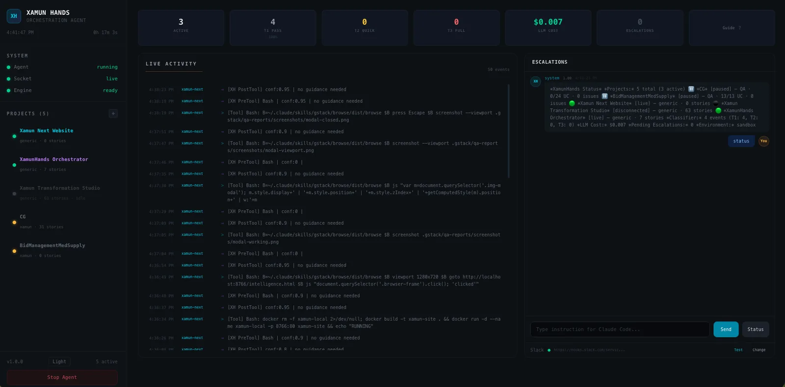 Xamun Hands orchestration agent showing live activity, project status, and escalation management