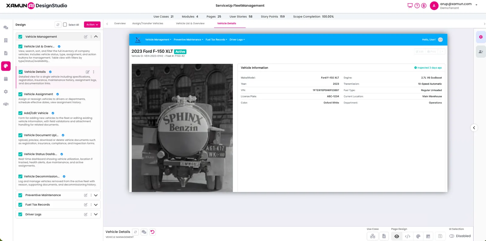 Xamun page design view with live preview of Vehicle Details page and module tree
