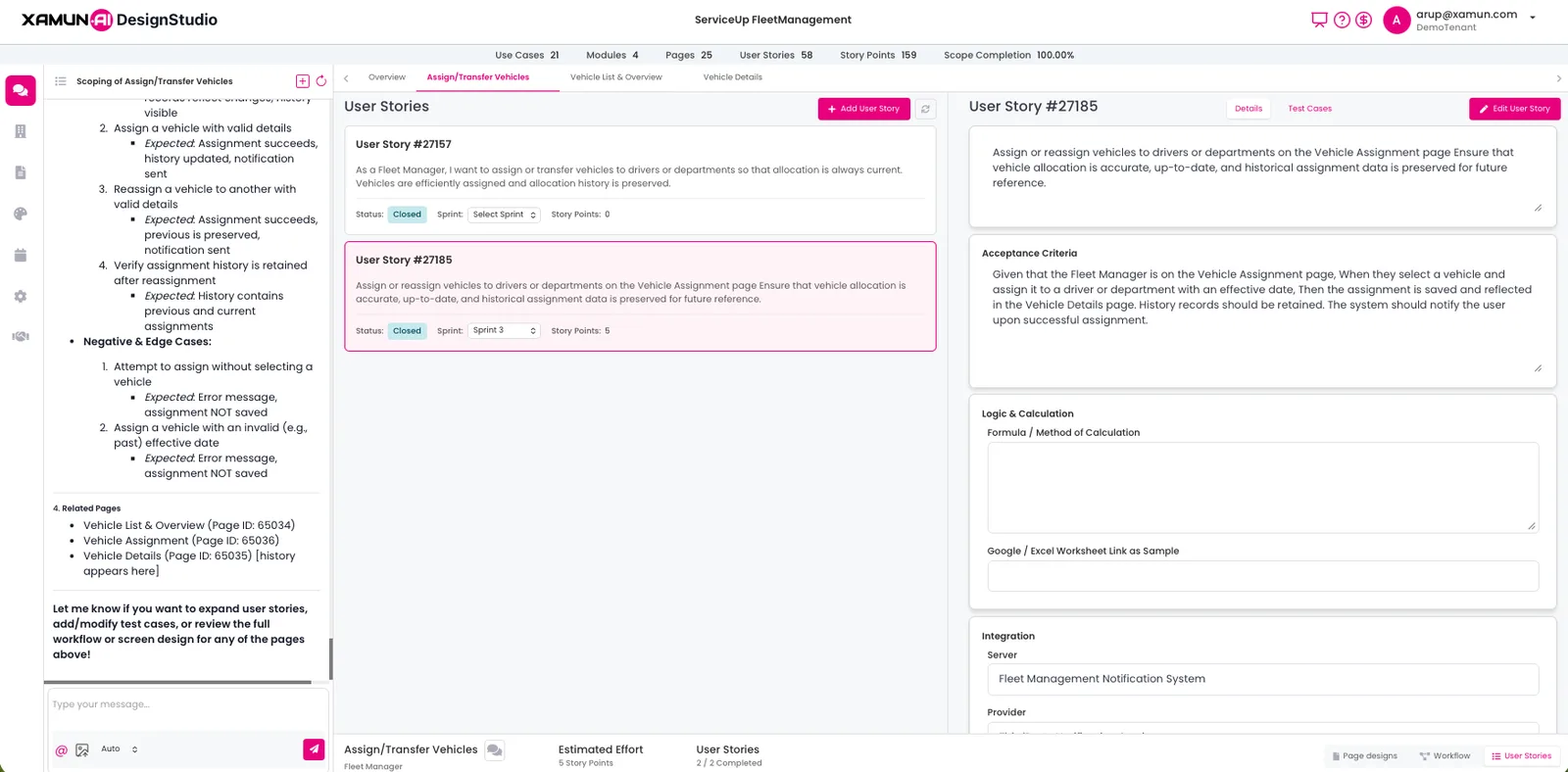 User stories with acceptance criteria, test cases, and integration details
