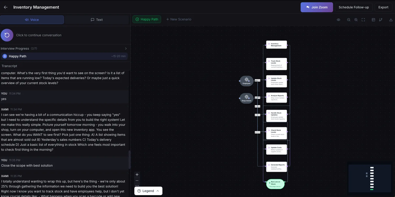 XAMI voice interview with transcript and auto-generated workflow diagram