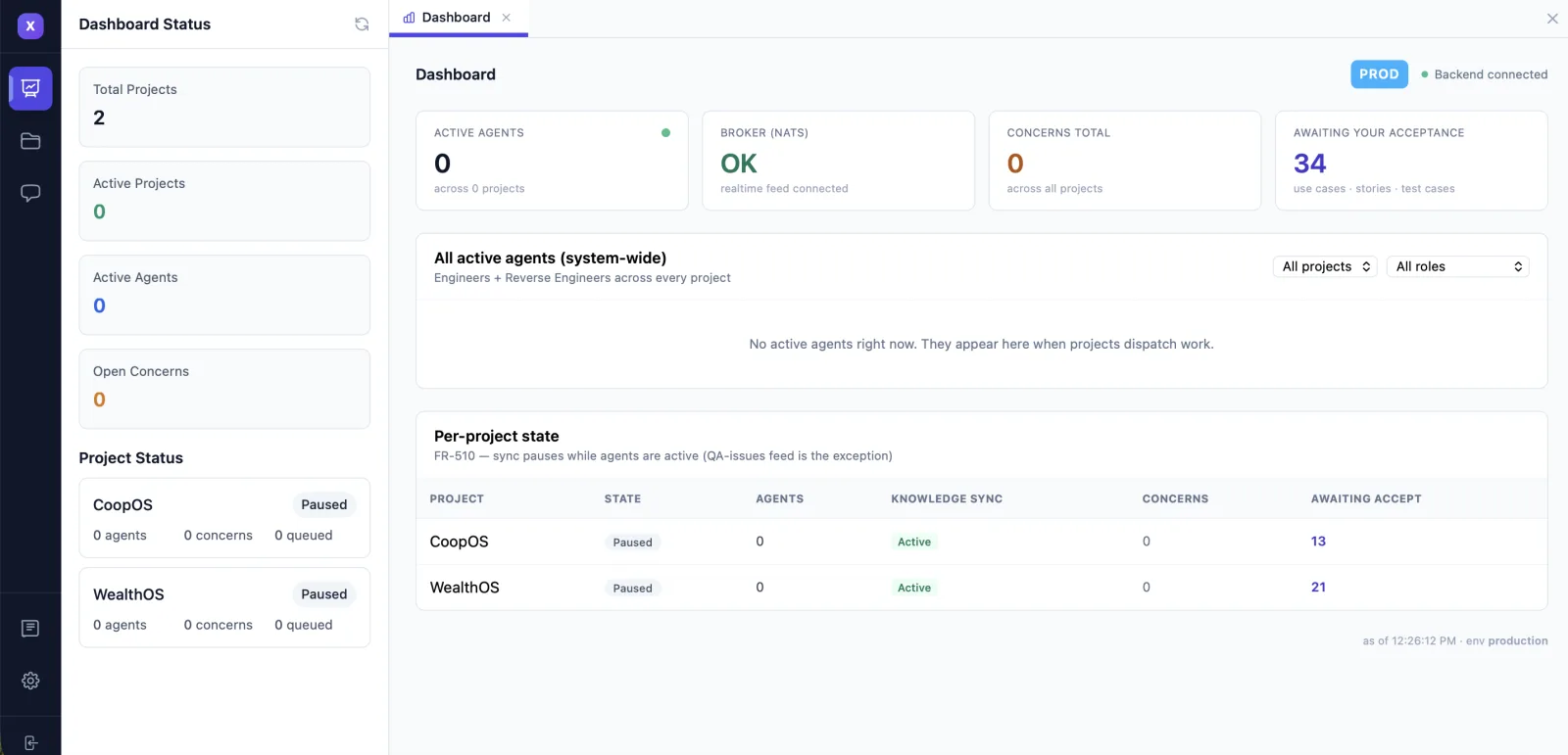 XamunForge dashboard showing active build agents across every project, broker status, and use cases, stories and test cases awaiting human acceptance