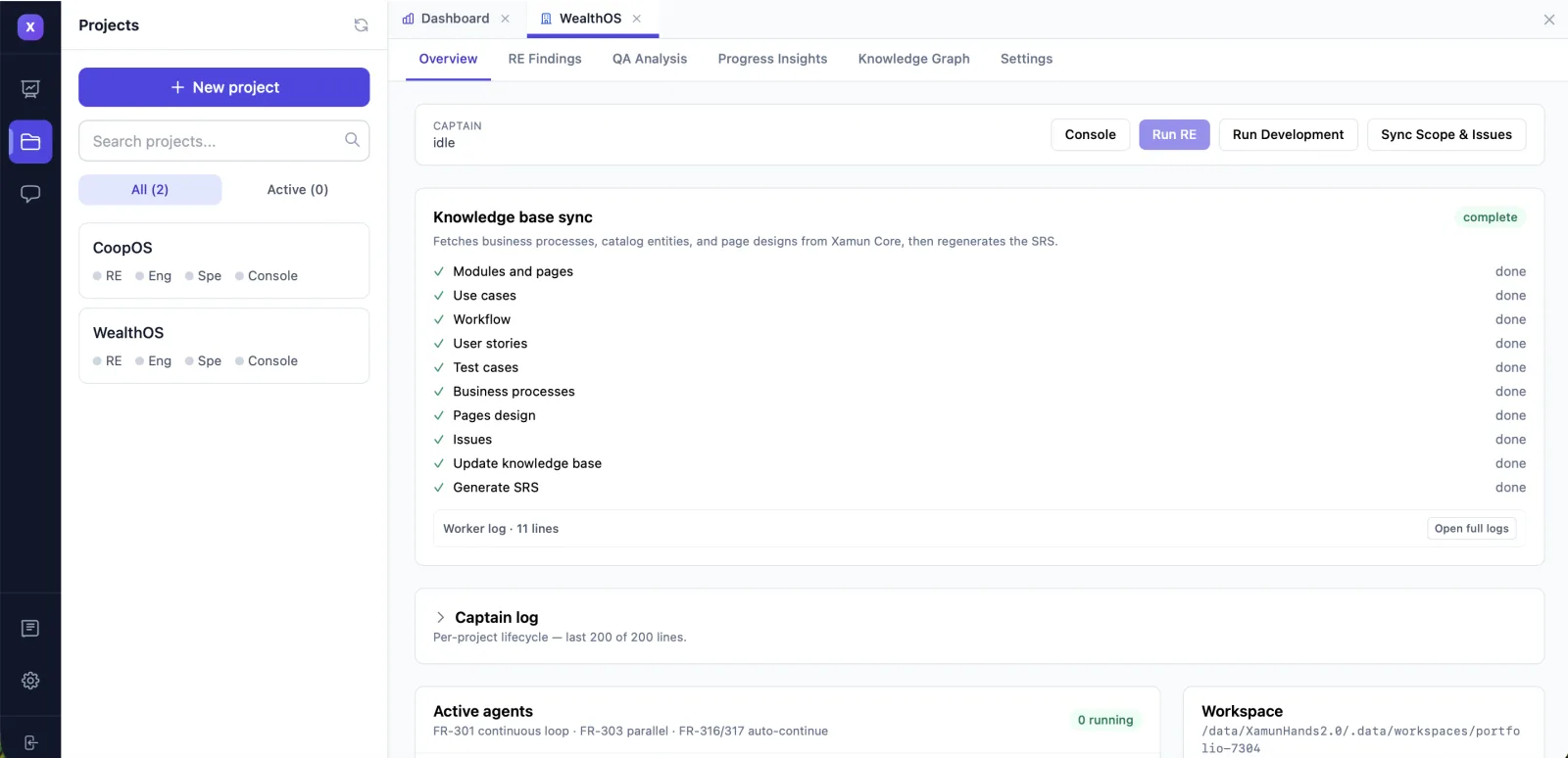 XamunForge knowledge base sync fetching modules, use cases, workflow, user stories, test cases and business processes from an existing system, then regenerating the SRS