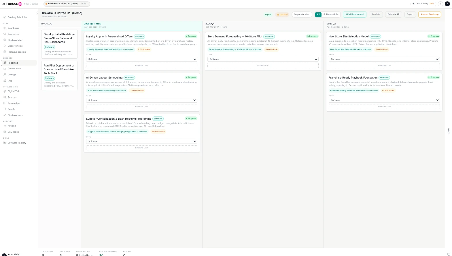 Xamun Transformation Roadmap showing initiatives assigned to Quick Wins, Core Transformation, and Scale phases