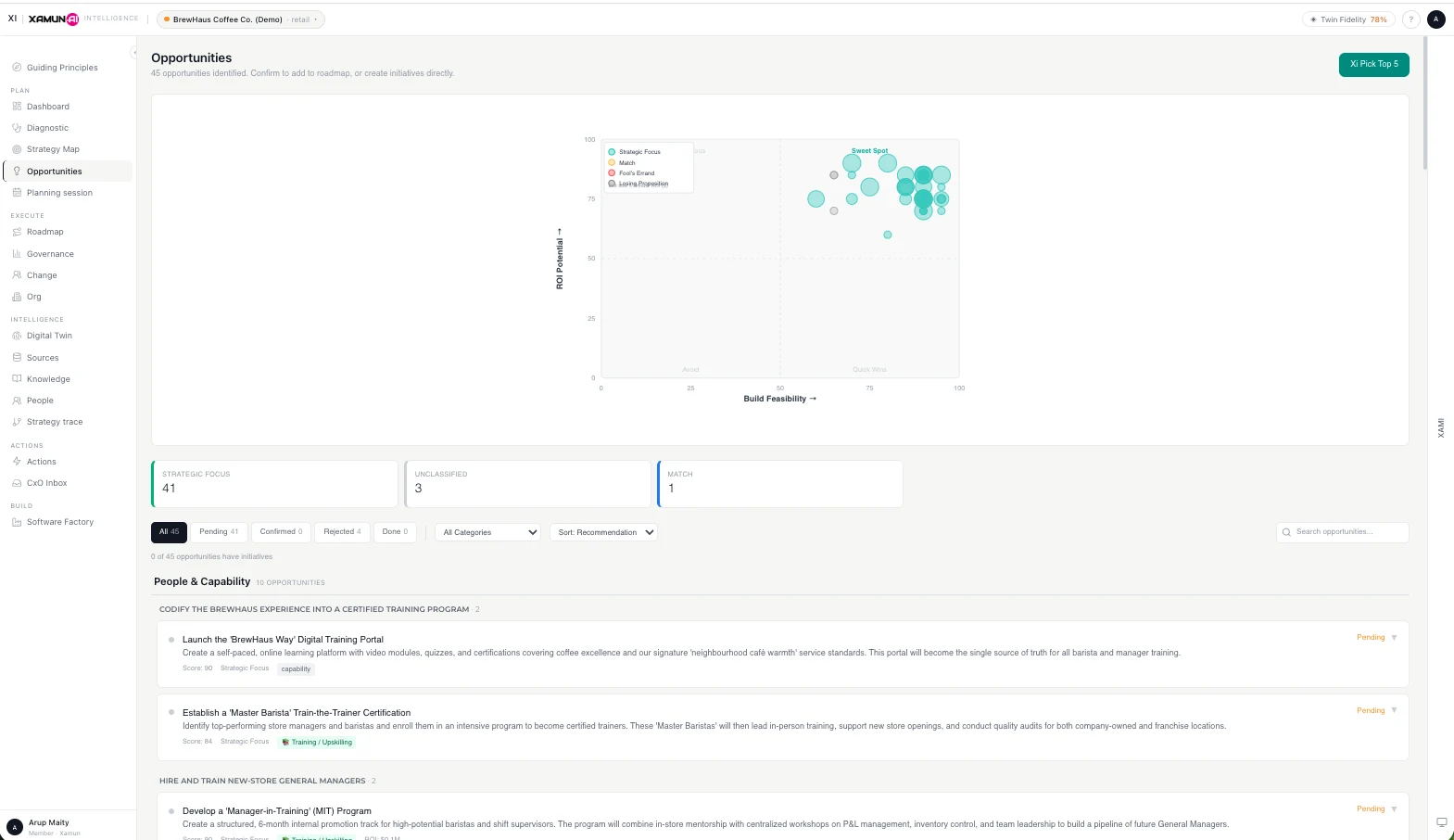 Xamun Roadmap Simulation showing initiative drag-and-drop across phases with cumulative ROI projection